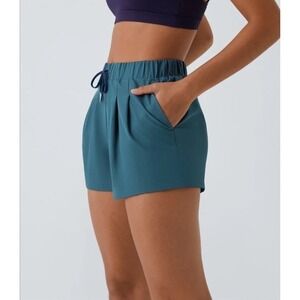 Halara Mid Rise‎ Elastic Waistband Drawstring Ruched Pocket Casual Shorts Blue L